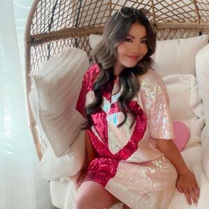 Sequin Dress in Red and Cream